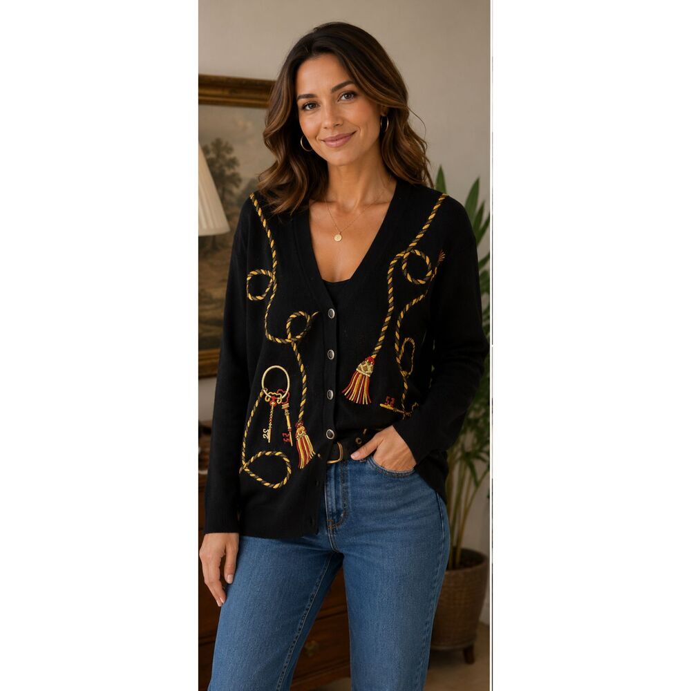 Vintage  Black Embroidered Rope Cardigan Sweater Large Nautical Key Tassel